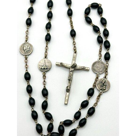 Italy Black Beaded Silvertone Rosary 25.5” - Picture 3 of 7